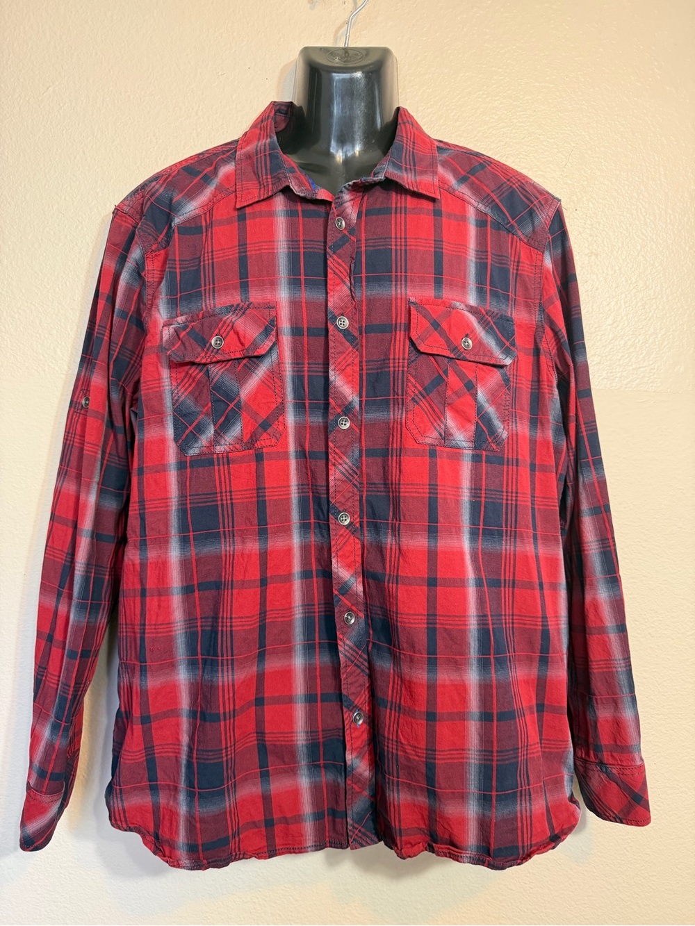 Rock & Republic Red Plaid Stretch Long Sleeve Button Down, Mens Size 2XL XXL
